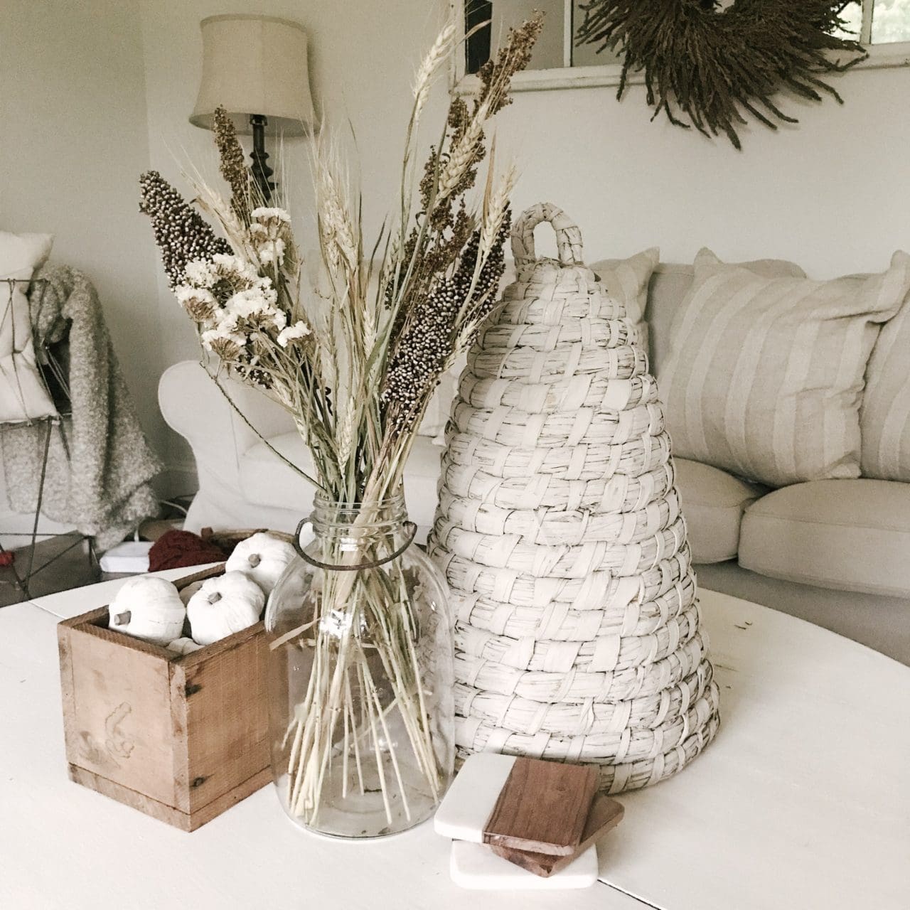 Neutral Living Room Decorated for Autumn with Dried Elements