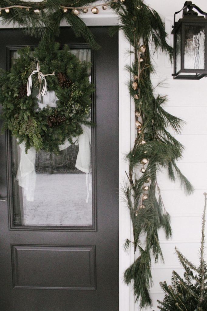 Fresh Pine Garland Around Front Door for Winter