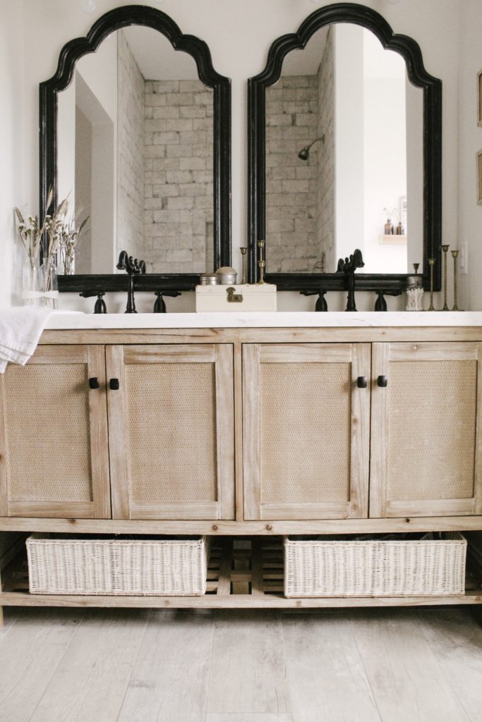 Master Bathroom Vanity A Full Review Sarah Jane Christy   Wood Bathroom Double Vanity Black Hardware 683x1024 