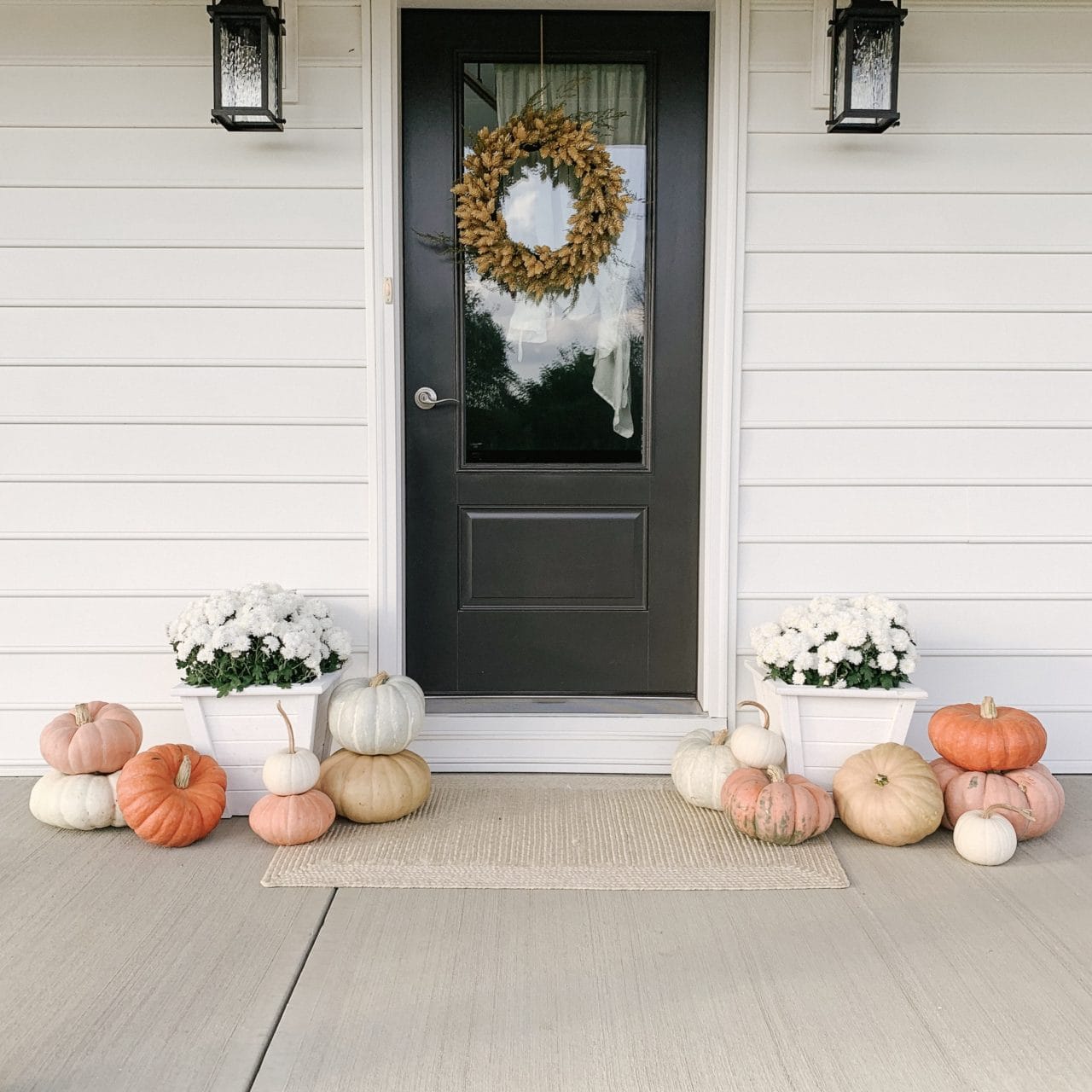 Fall Front Porch with Colorful Pumpkins