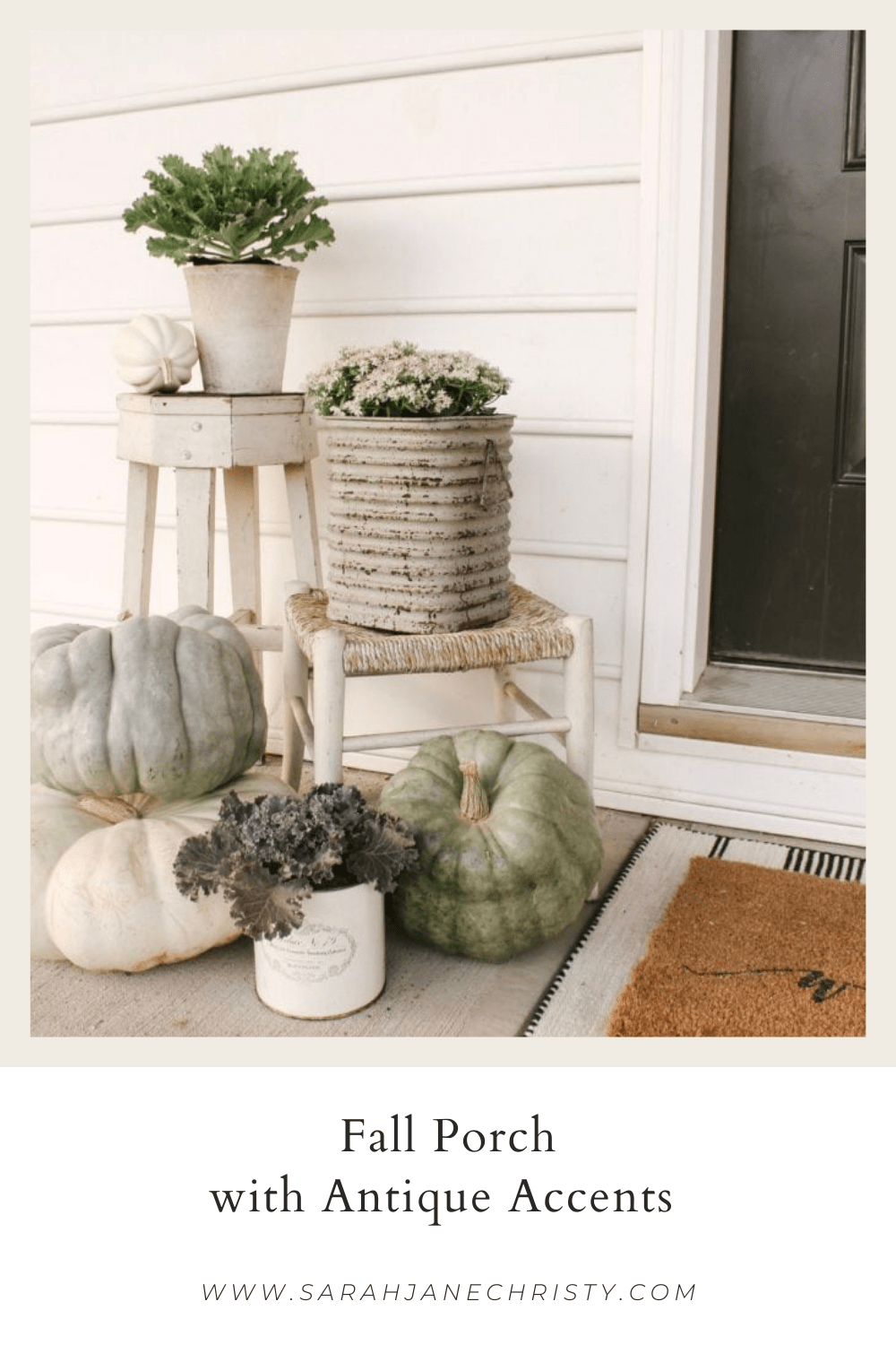 Fall Porch with Antique Accents, Heirloom Pumpkins & Kale